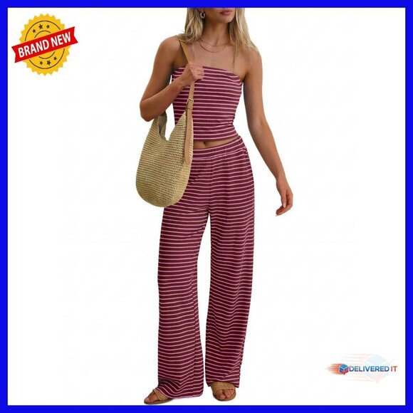 Pants - Women's 2-Piece Lounge Set Tube Top Wide Leg Pants Polyester Elastane